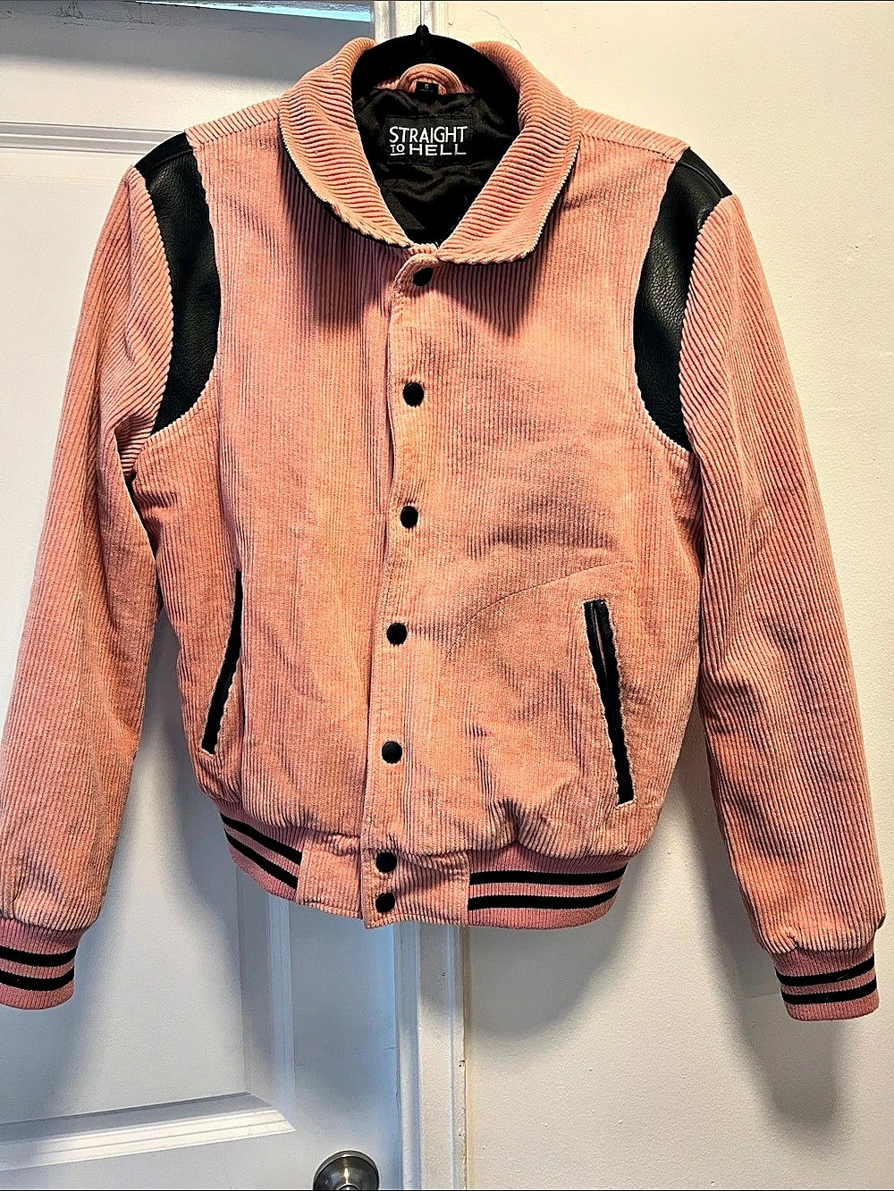 Straight to Hell Corduroy Varsity Jacket in Pink & Black Size Small